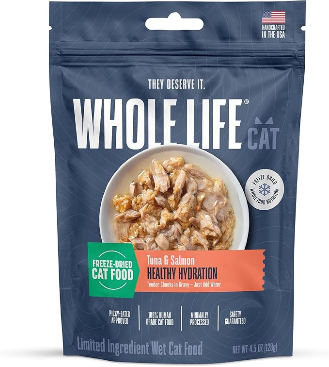 Whole Life Cat Freeze Dried Cat Food - Human-Grade Wet Food Toppers, Single Ingredient Snacks & Lickable Treats, Instantly Hydrating Natural Broth Just Add Water, Made in USA - Salmon & Tuna, 3 Oz
