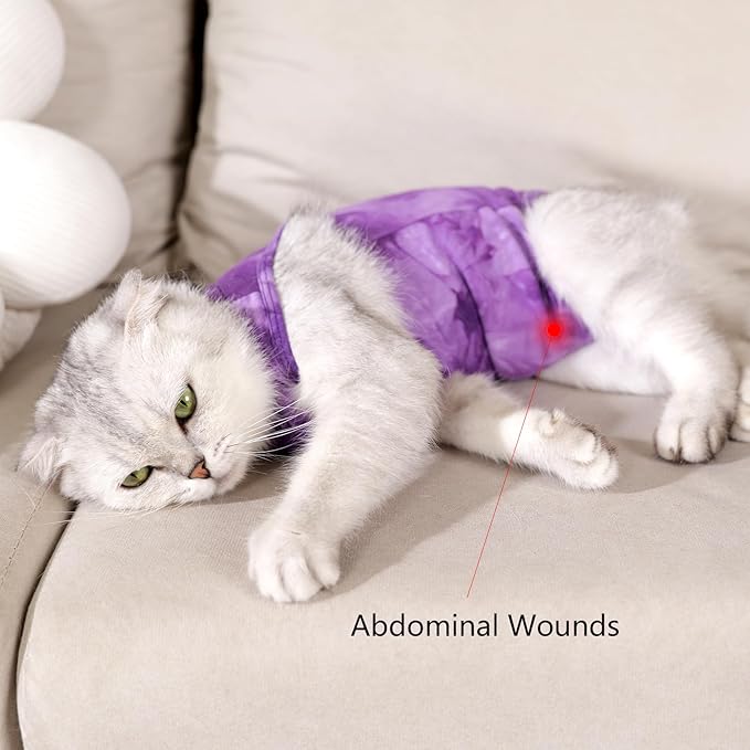 Cat Recovery Suit for Male and Female Surgical Post Surgery Soft Cone Onesie Tie Dye Cats Shirt Clothes Neuter Licking Protective Diapers Outfit Cover Kitten Spay Collar Alternative(Purple, S)
