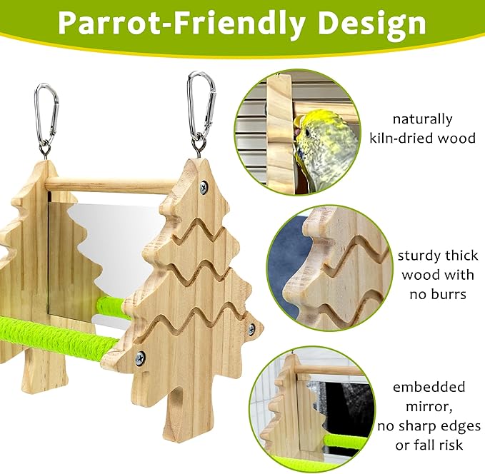 Bird Mirror Toy Perch, 2-Sided Hd Parakeet Mirrors & 2 Cotton-Wrapped Perches for Multiple Birds, Wooden Frame Hanging Parrot Swing for Cage, Safe No Sharp Edges Bird Toy for Budgie Lovebird Cockatiel