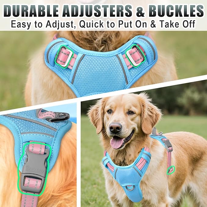 BARKBAY No Pull Dog Harness Large Reflective Dog Harness with Front Clip and Easy Control Handle for Walking Training Running with ID tag Pocket(Baby Blue & Baby Pink,M)