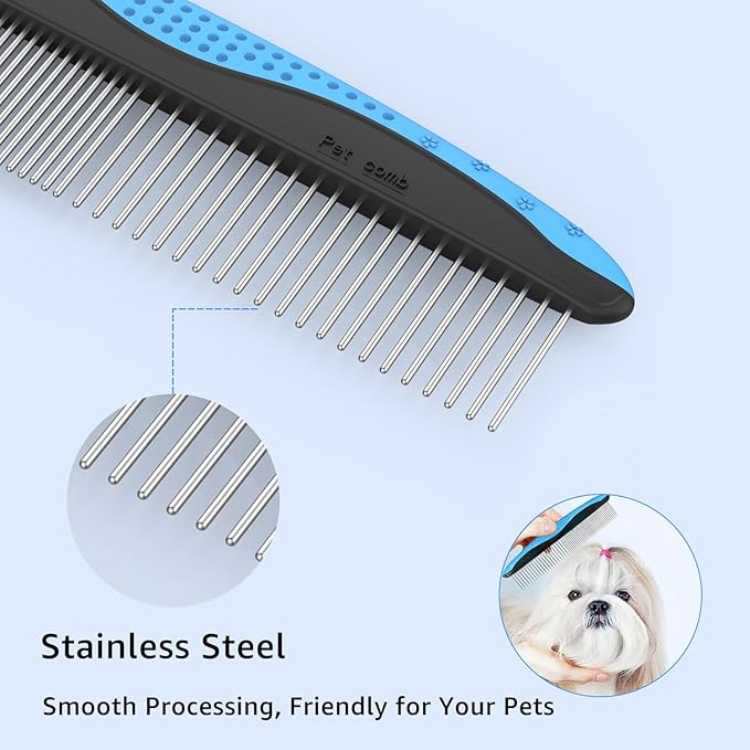 YINGFAN Dog Comb, Stainless Steel Dematting Comb for Dogs and Cats, Non-Slip Handle Dog Combs for Grooming Matting (Blue)