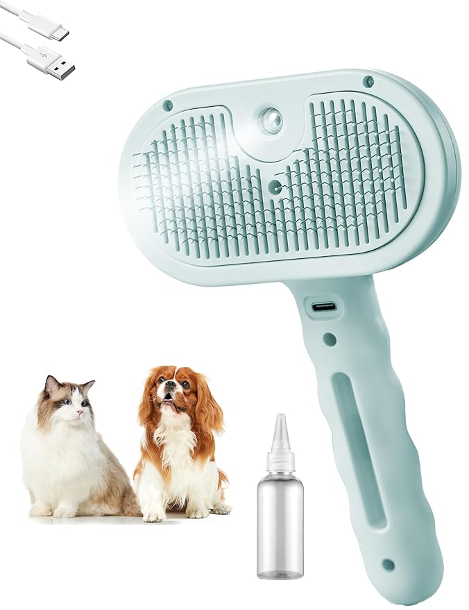 Pet Grooming Steam Brush, Pet Spray Hair Removal Comb, Anti-Static, Rechargeable, Comfortable Grip, for Dogs & Cats, Spray Hair Removal Comb, Steam Brush for Shedding & Grooming, Green
