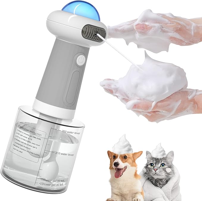Electric Dog Shampoo Dispenser IPX7 Cat Shampoo Sprayer,Pet Bath Supplies Automatic Foaming Shampoo Dispenser for Dog Deep Cleaing Kitchen Sink Bathroom Grey