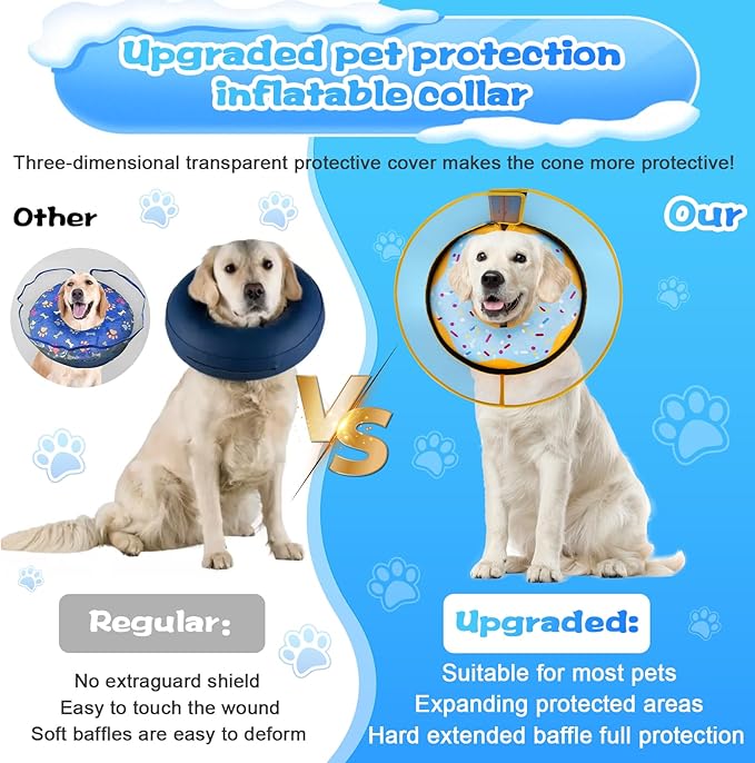 Inflatable Dog Cone Collar with Detachable Enhanced Anti-Licking Shield, Soft Neck Donut Collar for Dogs After Surgery, Adjustable Dog Cone Alternative for Large Medium Small Dogs & Cats
