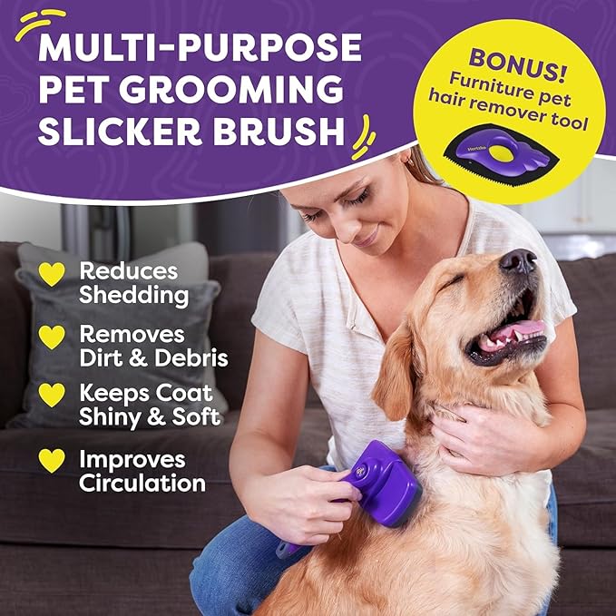 Hertzko Dog Slicker Brush and Dog Hair Remover - Self-Cleaning Brush for Cats and Dogs - Pet Hair Remover Brush for Fur - Gently Removes Mats, Tangles, and Loose Hair - Ideal for Home Use