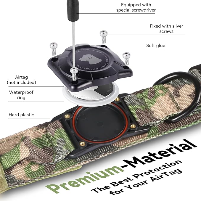 2026 Upgrade Waterproof AirTag Dog Collar, Military Tactical Dog Collar with AirTag Holder, Comfortable Control Handle and Metal Buckle, GPS Dog Collar Holder for Medium to Large Dogs (Camouflage,L)