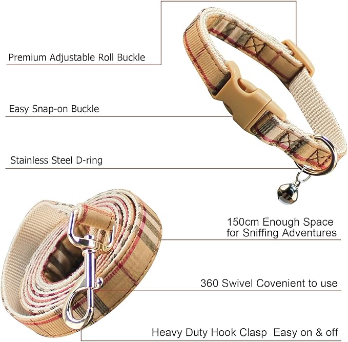 Cute Plaid Dog Collar Harness and Leash with Safety Buckle - Adjustable and No Pull Comfortable Dog Collars for Small Puppy, Stylish Durable Gift for Boy Girl Pets