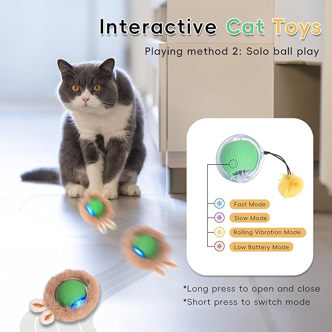 Interactive Cat Toys for Indoor Cats, Fast Rolling Cat Ball Toy in Pouch, Automatic Motion Activated Moving Ball Hide and Seek Exercise Game for Bored Cats, Rechargeable Kitten Toys with LED Light