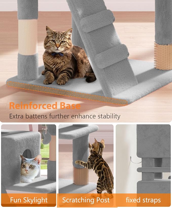 70'' Cat tree Tower for Indoor Cats Large Adult,Cute/Tall Modern Cat Tree for Big Cats 20 lbs,Plush Multi-Level Cat Condo with Scratching Posts,Dangling Ball for fun play(Light Gray, 70 inch)