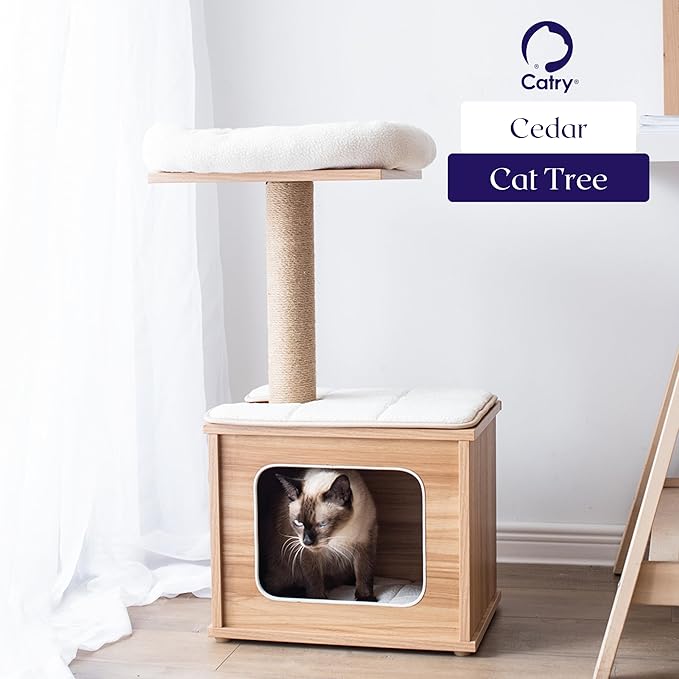 Catry 29.7" Tall 3 Level Laminated Wood Cat Tree with Large Base Condo, 2 Paded Steps, Natural Jute Scratching Post, Sturdy and Easy to Assemble for Small Cat, Brown