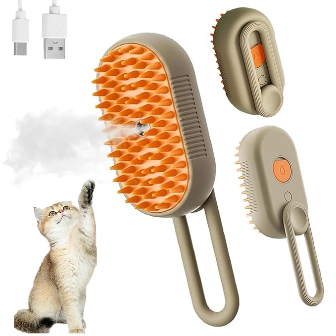 4 in 1 Cat Steam Brush,cat brushes for indoor cats,Rechargeable Steam Cat with Steam,Anti-Static Steam Pet Brushes for Dogs Cats(Khaki)