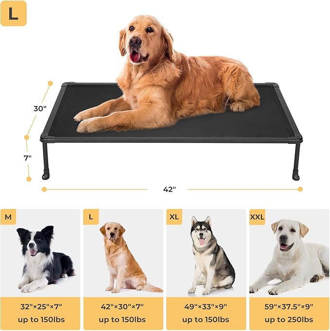 Veehoo Chewproof Elevated Dog Bed - Cooling Raised Pet Cot, Breathable Mesh, Washable & Non-Slip for Large Dogs, Indoor/Outdoor, Black Mat and Black Frame, 42x30inches (Model CWC2203A03)