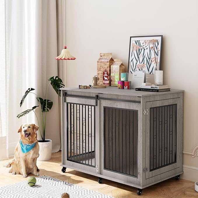 IchbinGo Large Dog Crate Furniture, 47" Wooden Dog Kennel with Sliding Barn Door, Flip-Top Lid & Wheels, Indoor Pet Crate Table with Detachable Divider for Small/Medium/Large Dogs (Rustic Grey)