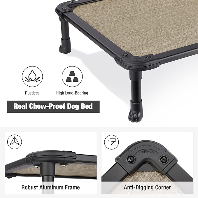 Veehoo Chew Proof Elevated Dog Bed - Cooling Raised Pet Cot - Rustless Aluminum Frame and Durable Textilene Mesh, Unique Designed No-Slip Feet for Indoor or Outdoor Use, Beige Coffee, X Large