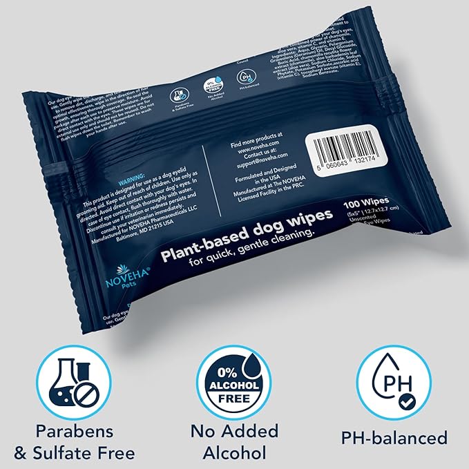 NOVEHA Dog Eye Wipes - Tear Stain Remover for Dogs - Formulated to Remove Eye Debris, Tear Stains & Eye Discharge - Plant Based, Safe, Convenient, and Large Unscented Wipes (100 Count x 1 Package)