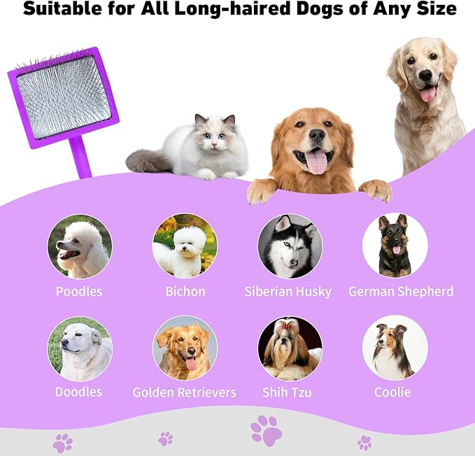 Dog Slicker Brush for Shedding and Grooming Medium or Long Haired Cats, Extra Long & Soft Pin Slicker Brush for Removes Loose Hair, Tangles, Knots, Undercoat, Free Pet Comb, Large Purple