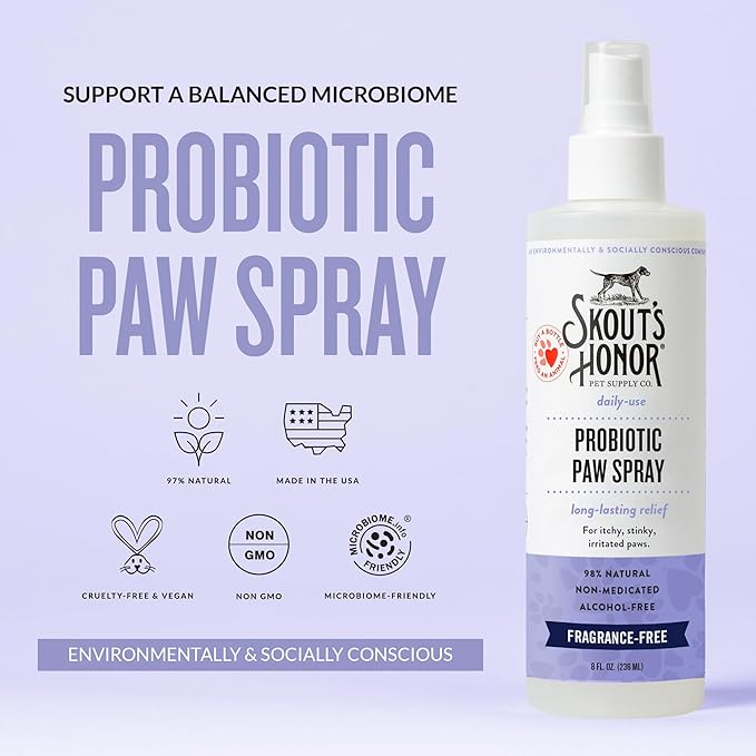 Skout's Honor Probiotic Paw Spray for Dogs - Microbiome-Friendly Certified - Alcohol-Free, Fragrance-Free & Non-Medicated - Supports Healthy Skin & Relieves Itchy, Stinky Paws, 8 oz