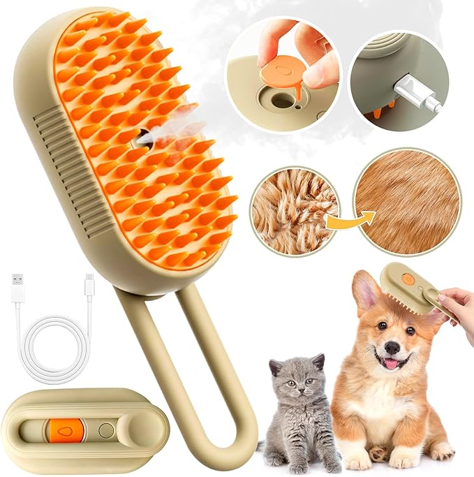 Cat Steam Brush for Shedding with Foldable Handle 4 in 1 Rechargeable Steam Brush for Cats and Dogs,Haired Pets Spritz Defur Comb for Cats Pet Spray Grooming Tool for Hair Removal & Massage
