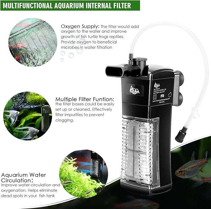 AQQA Aquarium Internal Filter, Submersible Power Filter in-Tank with Adjustable Water Flow, Ultra Silent Sponge Filter for Fish Tank Water Crystal Clear