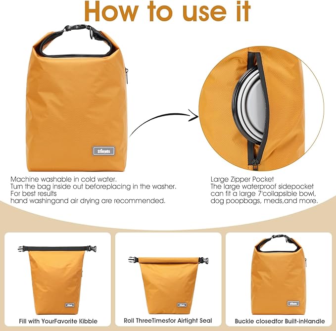Dog Food Travel Bag w/2PCS Collapsible Dog Travel Bowls,dog food storage container 20 lb(Yellow, Large)
