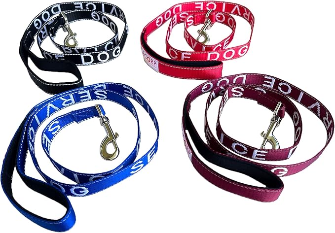 Albcorp Service Dog Leash - Embroidered- with Padded Neoprene Handle and Reflective Threads, 4 Feet, for Harnesses, Vests or Collars, Maroon