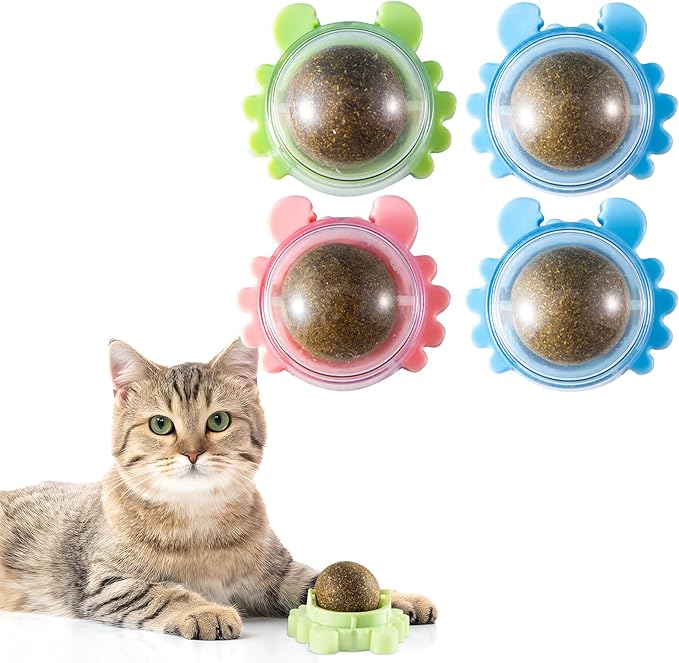 4 Pack Catnip Balls Roller Wall Ball for Cats Spinning Catnip Station Licking Balls Organic Cat nip Chew Ball for Teeth Cleaning & Play