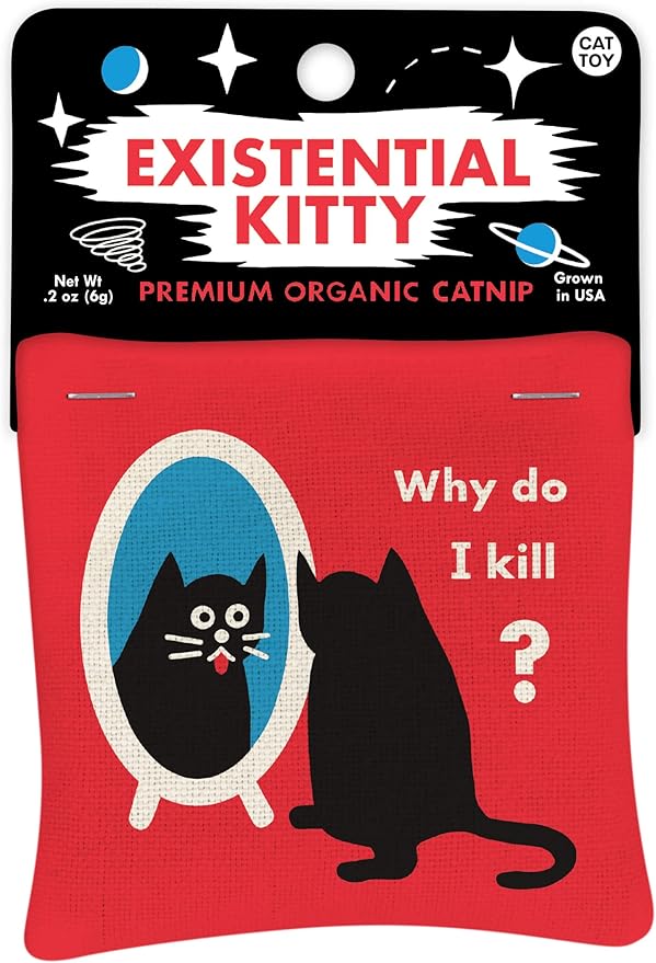 Blue Q Existential Kitty Catnip Cat Toy. Premium Organic Catnip Grown in The USA, 100% Cotton Pouches, Kitty Graphics Sure to Delight Every Cat-Keeper.