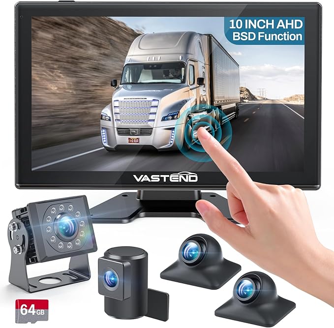 Truck Camera System Kit, Backup Camera with 10” Touch Monitor & 4 Cameras, 1080P IR Night Vision Rear View Camera for Bus, Semi-Truck, Trailer, RV, Camper, Included 64GB Card