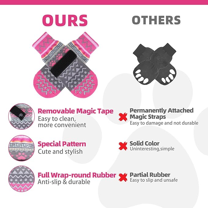 KOOLTAIL Dog Socks to Prevent Licking Paws for Hardwood Floors Anti Slip, Winter Warm Pet Boots&Paw Protector with Grippers, Double Sides Dog Shoes Booties for Small Medium Large Senior Dogs Pink S