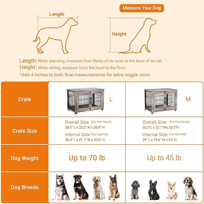 Lulive Dog Crate Furniture Set of 2, Dog Kennel Indoor Double Doors Wooden Dog Cage, 38'' Heavy Duty Dog Crate with Cushion & Wheels, End Table Pet House Chew-Resistant Up to 70 lb, Grey