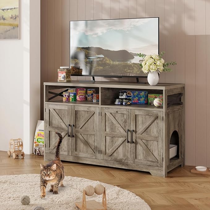 Cat Litter Box Enclosure for 2 Cats, 47" Hidden Litter Box Furniture Cat Washroom with Double Large Room, Farmhouse Indoor Litter Box Cabinet TV Stand, Grey