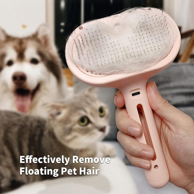 3-in-1 Steam Brush with Release Button and Tank, Anti-Static Pet Brush for Long and Short Hair - Removes Tangles and Loose Hair (Pink)