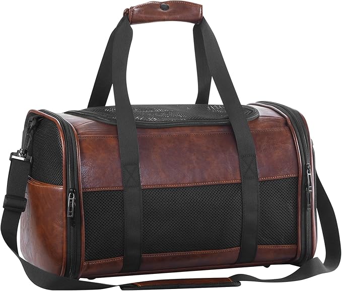 Fashion Leather Dog Carrier, Airline Approved Cat Carrier Soft Sided Pet Bag Carrier Purse for Puppy Kitten Small Animals Coffee
