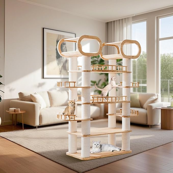 76.8'' Modern Cat Tree, Tall Cat Tower for Indoor Cats, Pine Wood Climb Tower with 2 Removable Mats, Heavy Duty Cat Furniture with Fully Wrapped Scratching Post, Huge Cat Condo for Multi-Cat Families