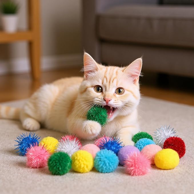 30 Pcs Cat Pom Pom Balls Assorted Color Sparkle Ball for Indoor Cats, Interactive Cats Toys Fuzzy Cat Balls Tinsel Glitter Chase Poms Poms Ball for Exercise and Entertainment