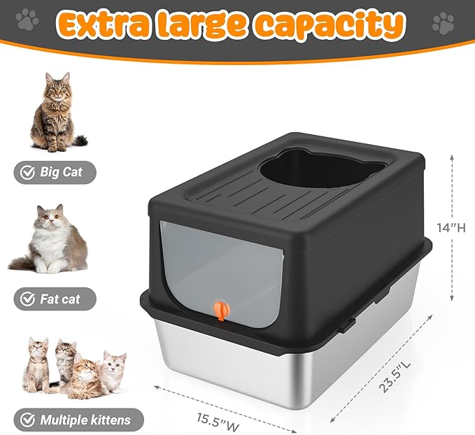 Litter Box with Lid, Stainless Steel Litter Box XL, 14" H Metal Cat Box with High Sides Wall Enclosure, Cat Pan, Non-Sticky, Easy Clean, Anti-Leakage, Black