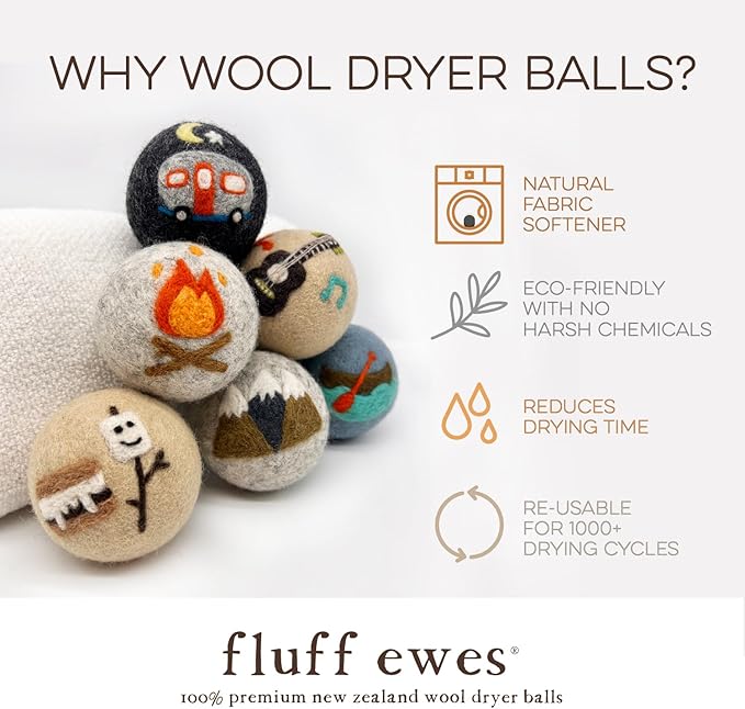 Fluff Ewes Wool Dryer Balls 6 Pack Premium New Zealand Wool Laundry Balls for Dryer, No Static Dryer Balls Laundry Reusable, XL Wool Dryer Balls Cute, Baby Dryer Balls for Dryers - are We There Yet