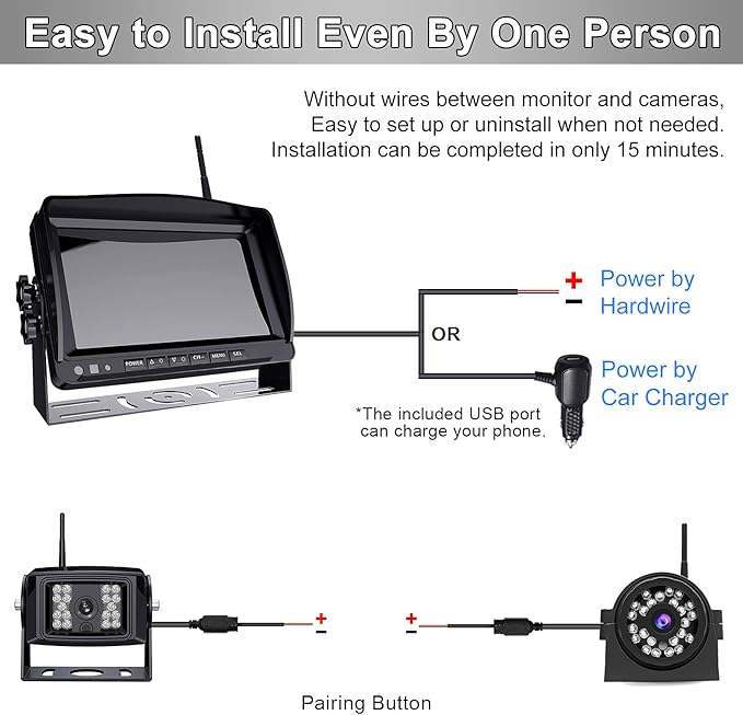 Fookoo HD 1080P 9" Wireless Backup Camera System, 9-inch Quad Split Screen Monitor w/Recording, IP69 Waterproof Side View Rear View Cameras, Digital Signal, Parking Lines for RV/Truck/Trailer (DW9T4)