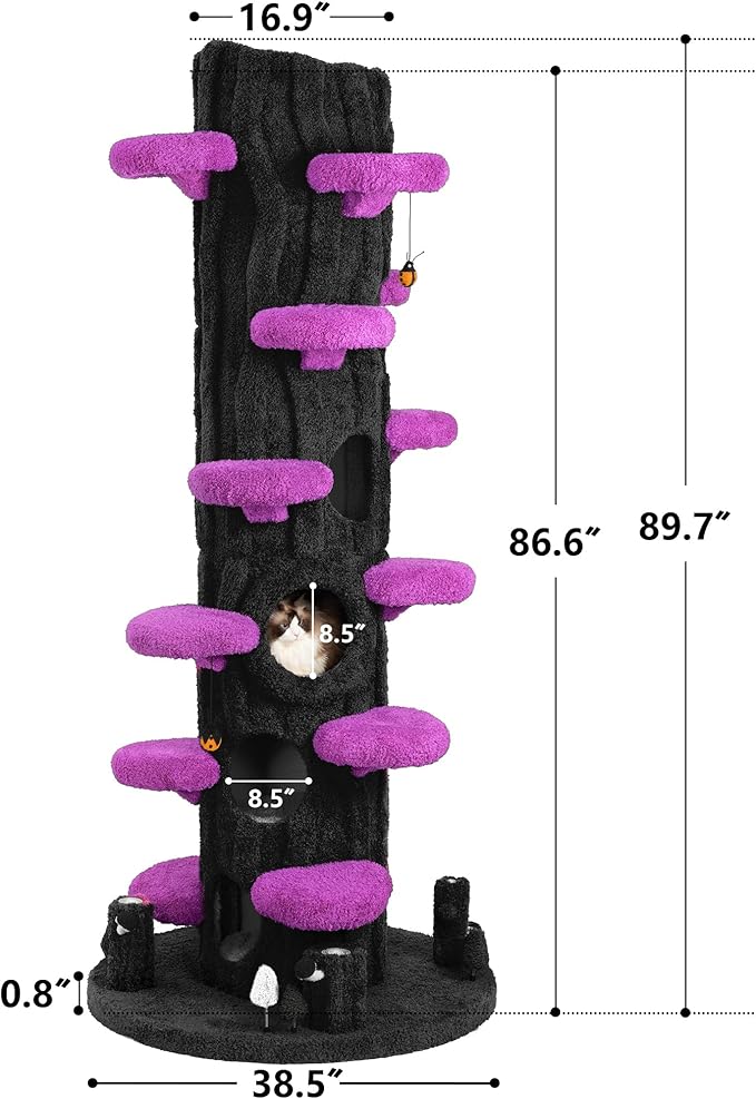 Luxury Cat Tree Tower for Indoor Cats,88.6" Tall Cat Tree,Multi-Level Furniture Activity Center with Scratching Posts Stand House Condo Funny Toys Kittens Pet Play House, Purple