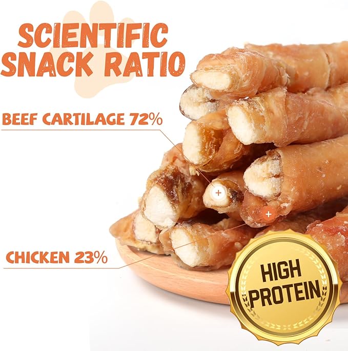 Dog Treats Chicken Wrapped Beef Cartilage w/Calcium Supplement, Long-Lasting Rawhide Free Grain Free Training Treats Snacks for Small Medium Large Dogs, 12 Counts, 10.6oz
