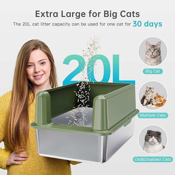 Enclosed Stainless Steel Cat Litter Box with Lid, XL Extra Large Litter Box for Big Cats, Metal Litter Pan High Sided, Never Absorbs Odors, Anti-Urine Leakage, Include Scoop (Green)