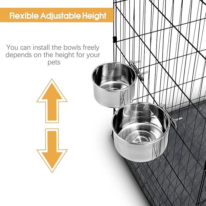 2 Pcs Large Pet Dog Food Water Bowl for Cage Stainless Steel Non-Spill Kennel Hanging Cats Bowls with Clamp Holder Crate Feeder Dish for Medium Large Dogs Huge Pets (7.1x3.5'' & 6.3x2.6'')