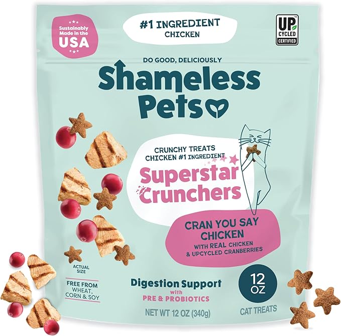 Shameless Pets Crunchy Cat Treats - Kitty Treats for Cats with Digestive Support, Natural Kitten Treats with Real Chicken, Healthy Flavored Feline Snacks - Cran You Say Chicken, 12 oz