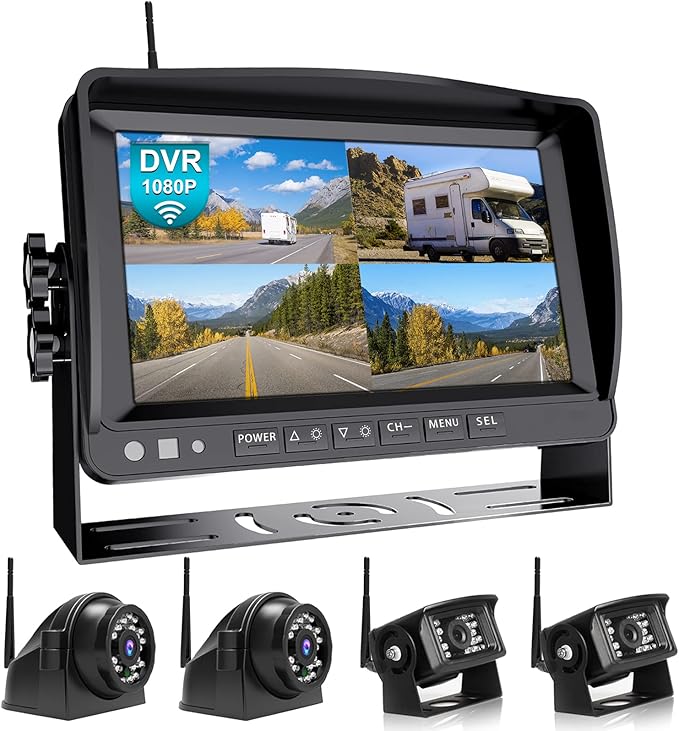 Fookoo HD 1080P 9" Wireless Backup Camera System, 9-inch Quad Split Screen Monitor w/Recording, IP69 Waterproof Side View Rear View Cameras, Digital Signal, Parking Lines for RV/Truck/Trailer (DW9T4)