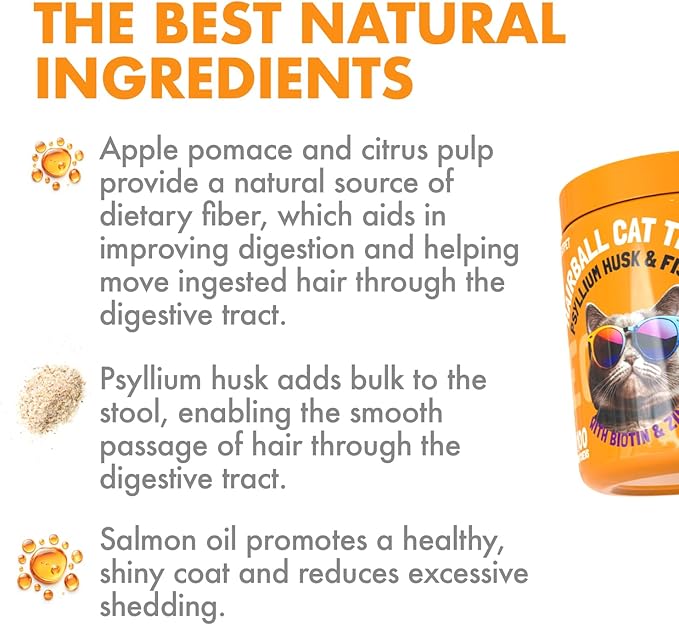 Hairball Treatment for Cats Natural Remedy with Apple Pomace, Psyllium Husk Omega 3 6 Fatty Acids Zinc Biotin Cat Supplement for Indoor Cats Promotes Healthy Digestion Furball Control 100 Yummy Chews