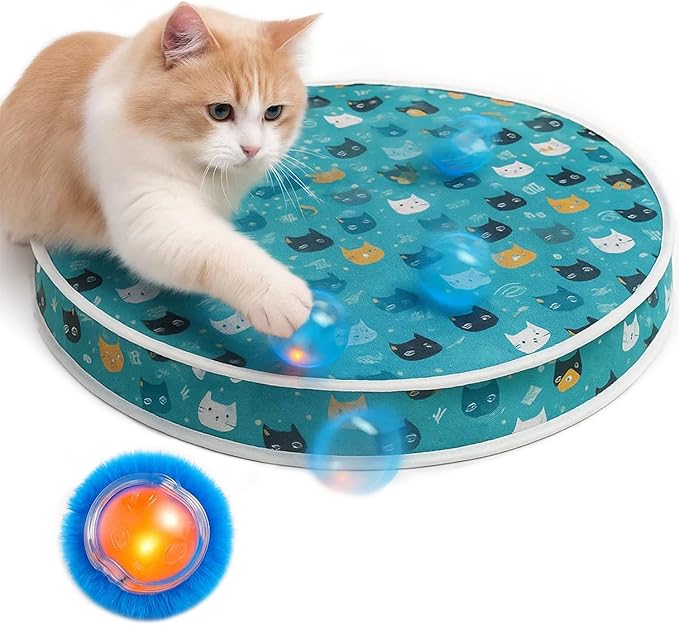 Interactive Cat Toys, Play Mat with Automatic Motion Balls, LED Lights, Bird Chirping Sound, 3 Speed Levels, Indoor Enrichment, Cat Pattern Design