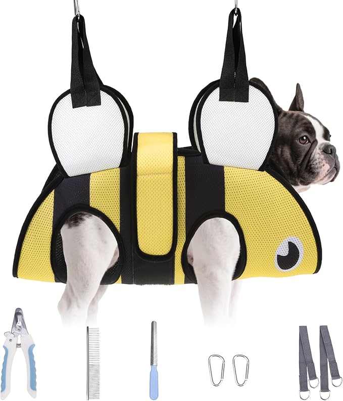 Dog Grooming Hammock for Small Dogs Cats, Cute Bee Design Dog Hanging Harness for Nail Trimming/Clipping, Pet Sling with Grooming Kit and Thick Neck Support & Strap Restraint Claw Care, M