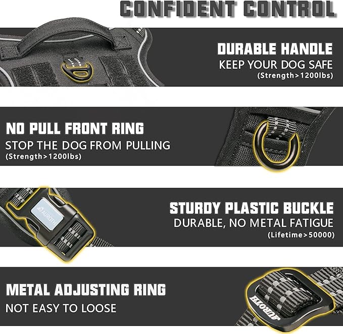 Auroth Tactical Harness for Large Dogs No Pull Adjustable Pet Harness Reflective Working Training Easy Control Pet Vest Military Service Dog Harnesses Black L