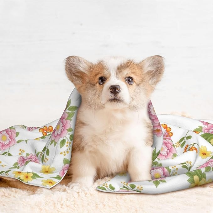 Double Sided Plush Pet Blanket with Cozy Dot Texture and Smooth Reverse, Colorful Rowan Berries Blossoming Spring Poppies Pattern, Reversible Throw for Dogs Cats on Couches Beds Crates