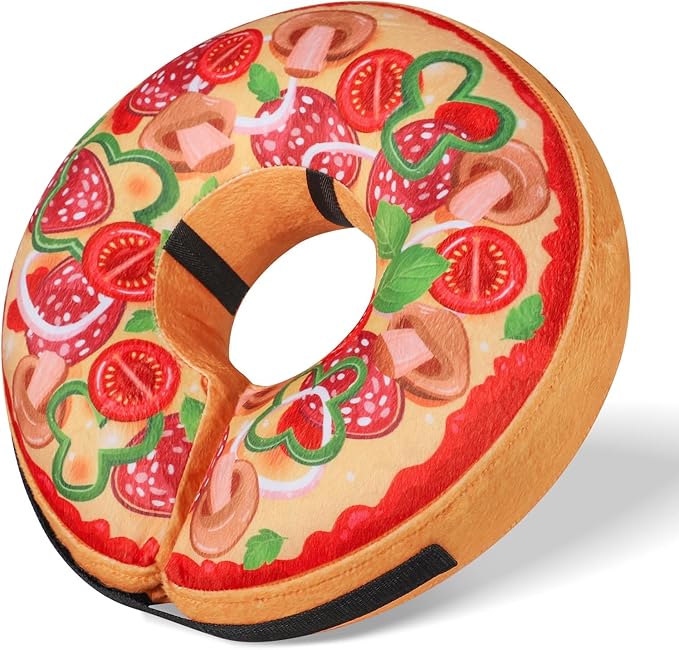 Grand Line Pizza Inflatable Collar for Dog and Cat, Soft Protective Recovery Cone After Surgery, Blow up Pet Donut Collar Cone, E-Collar Alternative Does not Block Vision (Cartoon,X-Large)